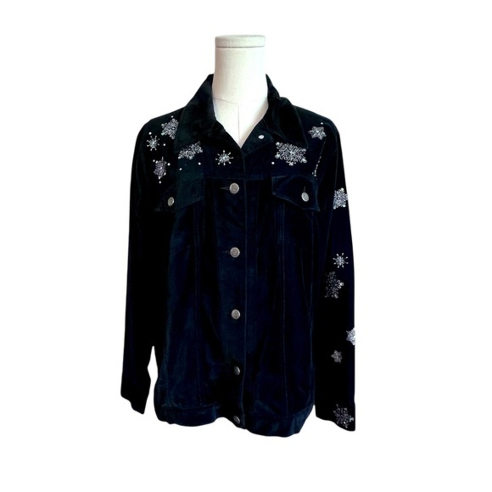 Quacker Factory Women’s Christmas Jacket Black Velvet Embroidered Snowman Medium